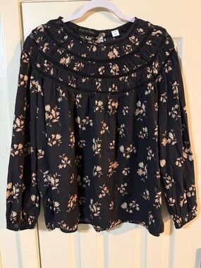 Old Navy Black Floral Smocked Yoke Blouse with Pale Pink Blossoms